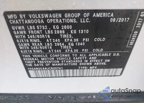 2018 Volkswagen Atlas 3.6L V6 S from USA, damaged, VIN 1V2AR2CA8JC522741